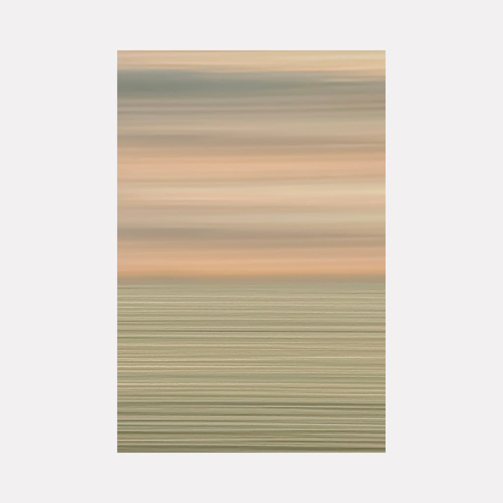 The artwork "St. Lucia" by Neil Shapiro features a serene abstract composition with horizontal bands of muted earth tones, blending soft beiges, warm peach, and sage green. The textured layering and subtle gradations evoke a tranquil landscape, reminiscent of minimalist and color field painters like Mark Rothko and Agnes Martin.