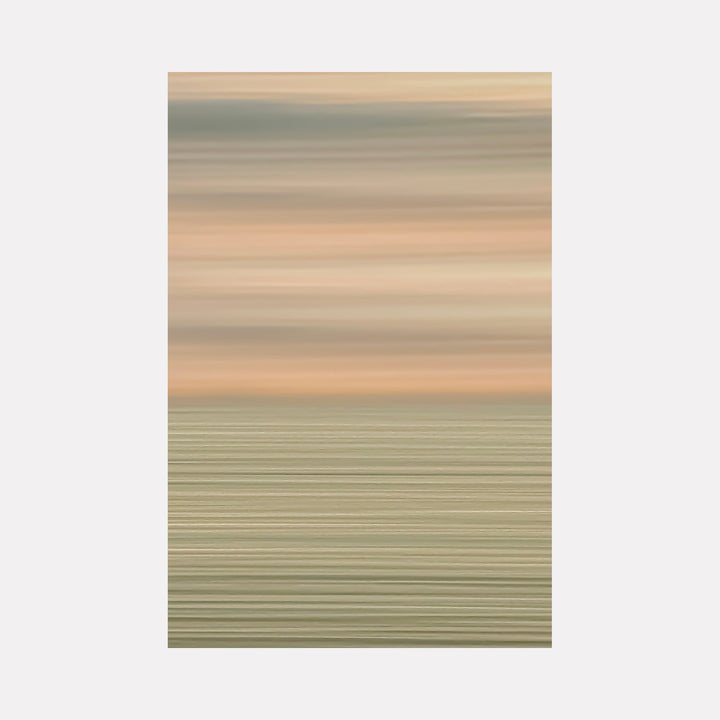 The artwork "St. Lucia" by Neil Shapiro features a serene abstract composition with horizontal bands of muted earth tones, blending soft beiges, warm peach, and sage green. The textured layering and subtle gradations evoke a tranquil landscape, reminiscent of minimalist and color field painters like Mark Rothko and Agnes Martin.