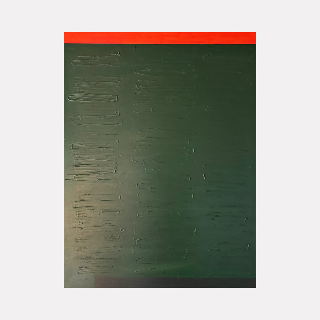 The artwork "Subtext" by Adele Marchant features a deep, textured green background with subtle vertical embossed markings, topped with a vivid horizontal red band that contrasts sharply. Its minimalist style and muted palette evoke the contemplative abstraction often seen in works by Mark Rothko and Barnett Newman, blending serene depth with bold simplicity.