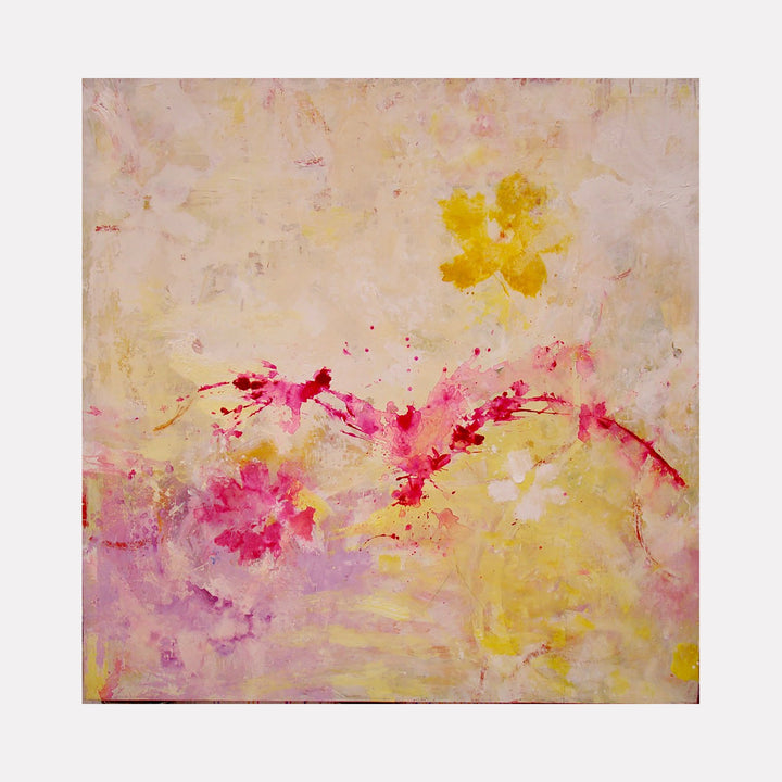 The artwork "SUMMER DAY #2" features an abstract composition with soft pastel tones of pink, yellow, and cream, showcasing loosely defined floral shapes and delicate splashes of red. The textured background blends warm hues with subtle brushstrokes, creating a light and airy atmosphere. By Amadea Bailey.