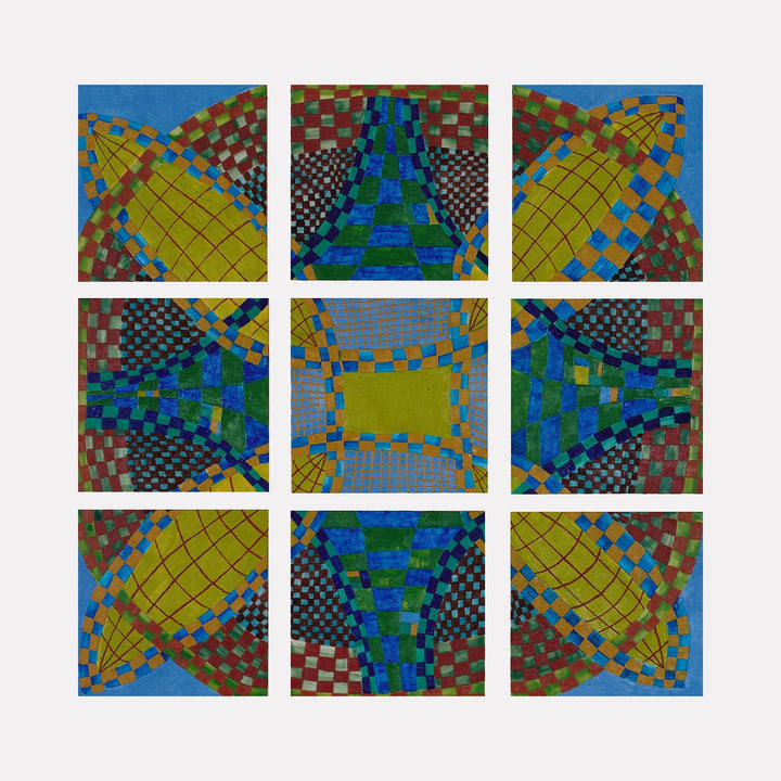 The artwork "SUMMER PALACE" by Barbara Ellmann features a grid of nine square panels with an intricate interplay of overlapping curved checkerboard patterns in vibrant blues, greens, yellows, and reds. The textured, geometric abstraction evokes the optical movement of Bridget Riley and the spatial complexity found in Victor Vasarelyâ€™s compositions.