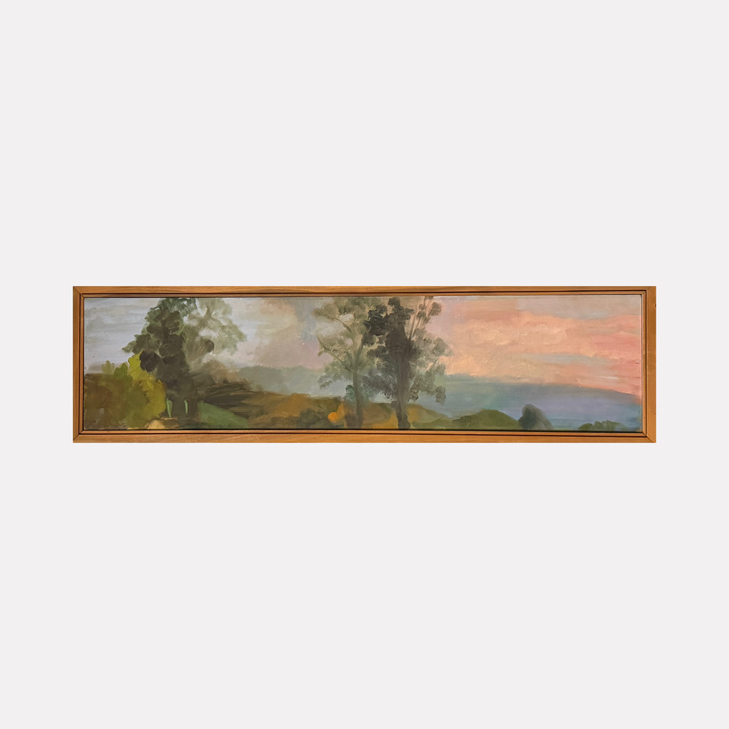 SUMMER SPLENDOR by Diane Love captures a serene, wide landscape with softly rendered trees and rolling hills under a pastel sky transitioning from muted greens and browns to warm pinks and blues, evoking a peaceful late afternoon moment suffused with gentle light and quiet natural beauty.