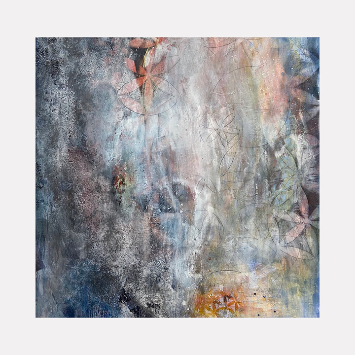 The artwork "It’s Safe for Me to Play" by Deborah Chaney features an abstract composition with soft, muted tones of blue, gray, and warm orange. The textured layering evokes a dreamy, ethereal quality reminiscent of Gerhard Richter's blurred abstractions, combined with subtle geometric shapes that hint at spiritual symbolism, creating a contemplative atmosphere.