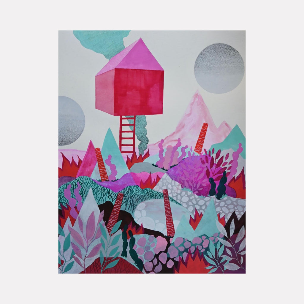 The artwork "Safe House II" by Tyler Sorgman features a surreal landscape with bold geometric shapes including a red and pink elevated house with a ladder. The scene combines pastel pink, teal, and red hues with textured foliage, abstract mountains, and circular shapes in a layered composition highlighting vibrant contrast and imaginative style.