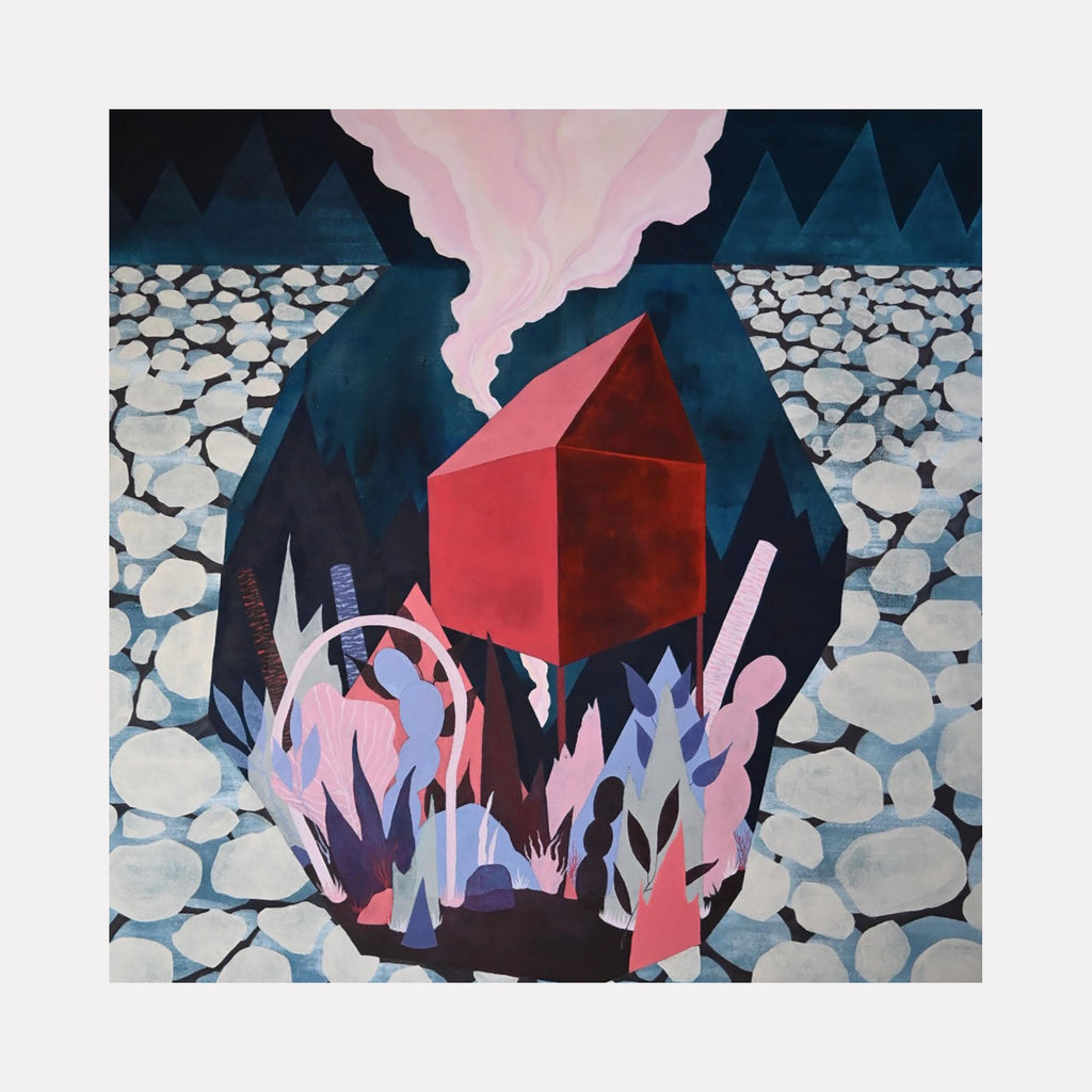 The artwork "Safe House" by Tyler Sorgman features a geometric red house emitting pink smoke, set against a dark blue mountainous backdrop and surrounded by abstract pastel shapes and white stone-like textures, creating a surreal and protective atmosphere. Tyler Sorgman