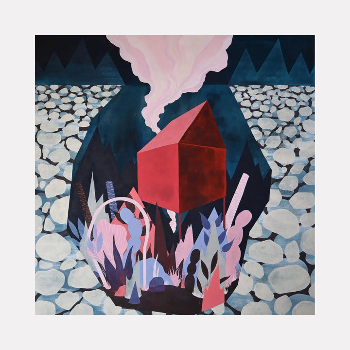 The artwork "Safe House" by Tyler Sorgman features a geometric red house emitting pink smoke, set against a dark blue mountainous backdrop and surrounded by abstract pastel shapes and white stone-like textures, creating a surreal and protective atmosphere. Tyler Sorgman