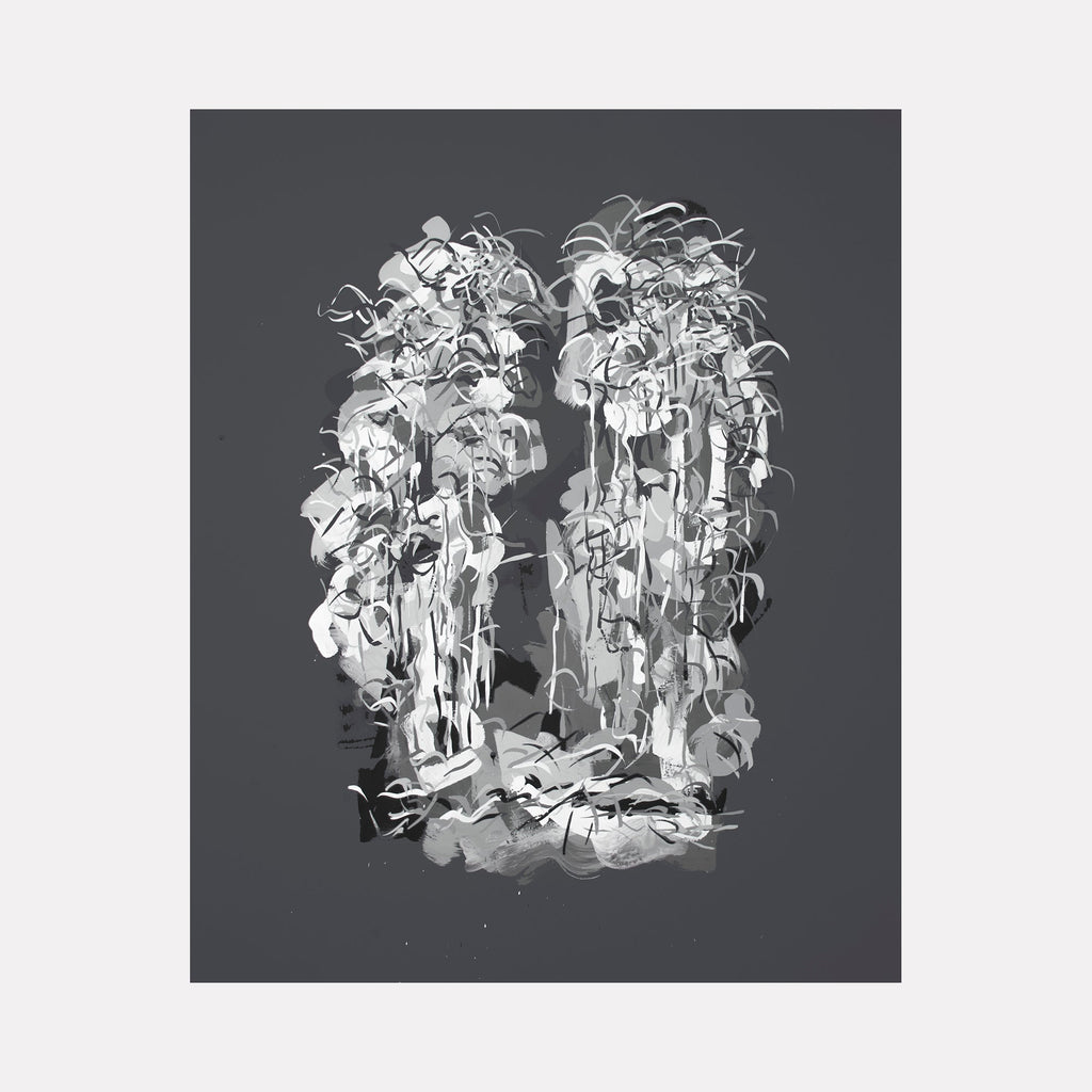 Radiations Painting 10: Abstract swirling white forms create vertical cascading patterns on dark gray background - by Carol Salmanson