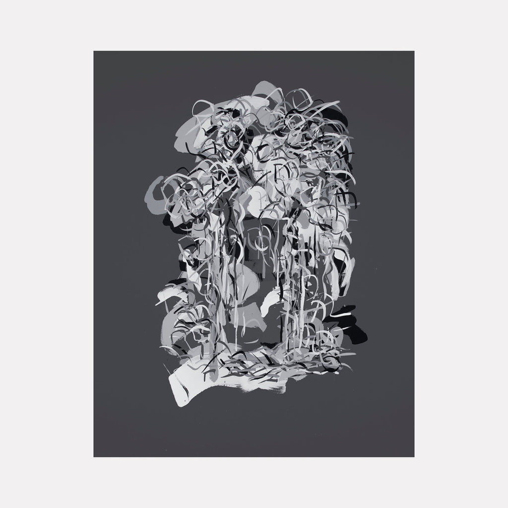 Radiations Painting 13 features abstract swirling monochromatic patterns in grayscale with intricate flowing lines on wood panel by Carol Salmanson