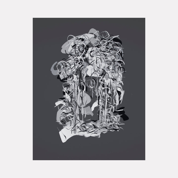 Radiations Painting 13 features abstract swirling monochromatic patterns in grayscale with intricate flowing lines on wood panel by Carol Salmanson