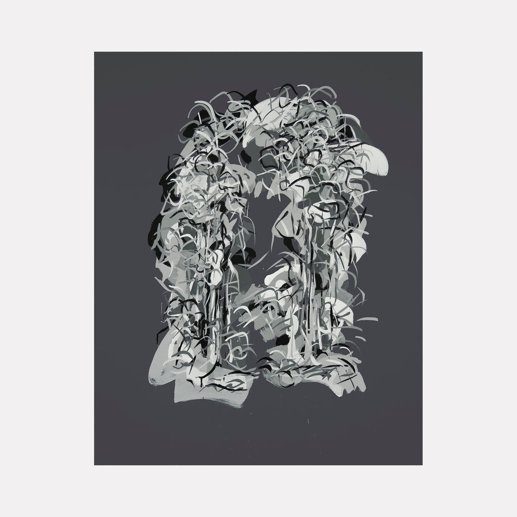 Radiations Painting 14 features swirling abstract patterns in monochromatic grays, creating dynamic flowing forms on wood panel by Carol Salmanson