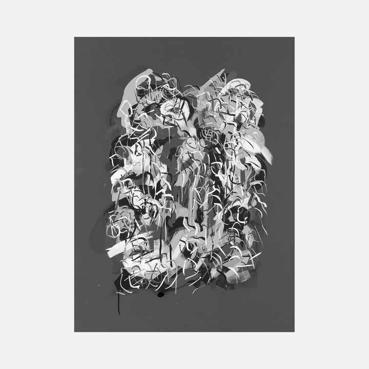 Radiations Painting 5: Abstract monochromatic composition with flowing geometric shapes and dynamic lines on wood panel by Carol Salmanson