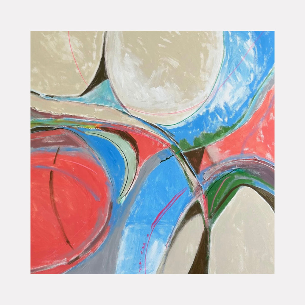 The artwork "Salmon Run" features abstract fluid shapes in bold colors including reds, blues, greens, and neutrals, with textured acrylic brushstrokes on canvas creating movement and depth in a 36 by 36-inch composition. This vibrant modern piece by Beth Barry captures dynamic natural energy.