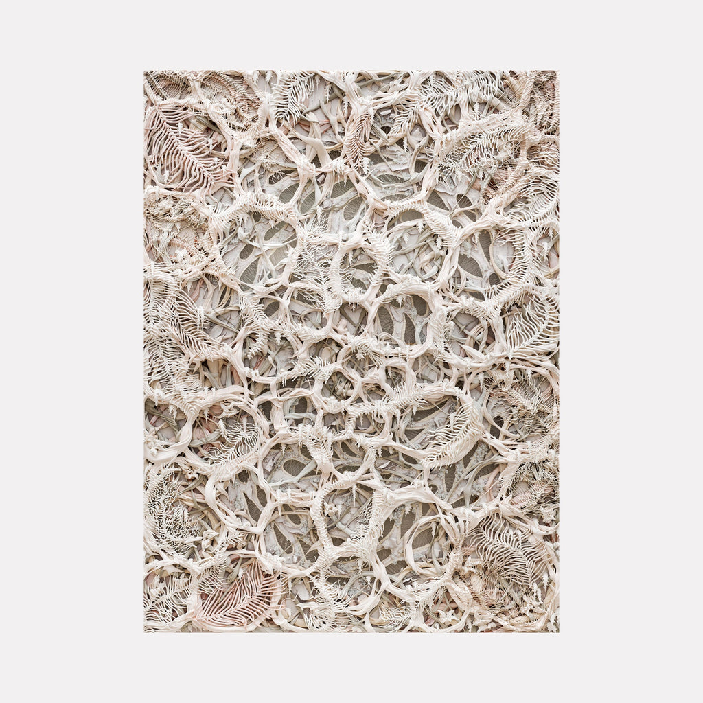 The artwork "Sanctuary" by Seren Morey features an intricate network of organic, lace-like patterns resembling coral or bone structures in soft beige and cream tones. The textured composition evokes a delicate, abstract environment reminiscent of Eva Hesse’s sculptural forms and the tactile detail of Louise Bourgeois’ textile works.