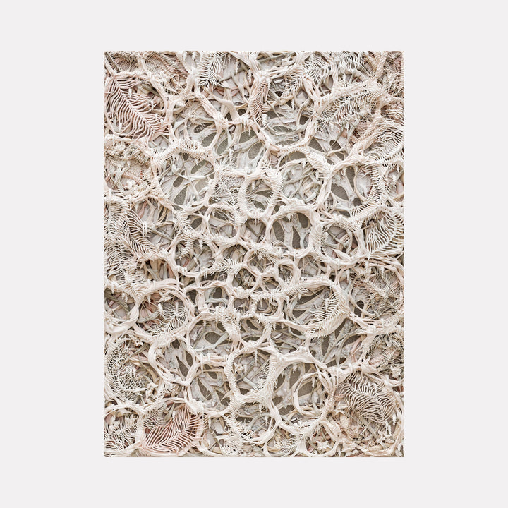 The artwork "Sanctuary" by Seren Morey features an intricate network of organic, lace-like patterns resembling coral or bone structures in soft beige and cream tones. The textured composition evokes a delicate, abstract environment reminiscent of Eva Hesse’s sculptural forms and the tactile detail of Louise Bourgeois’ textile works.