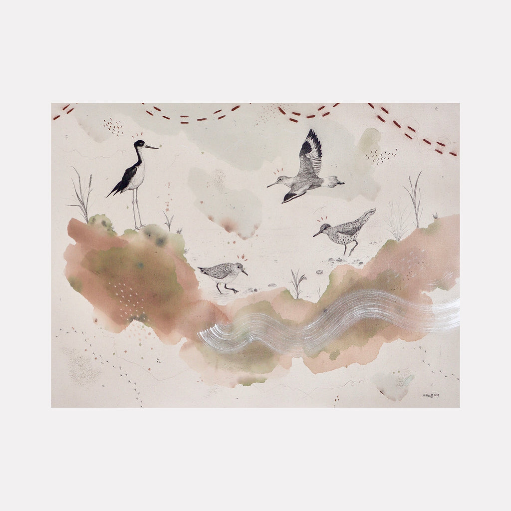 The artwork "Sandpipers, One Foot on Land, the Other in Water" by Alicia Hauff depicts several sandpipers with delicate black and white detailing, set against soft beige and muted earth tones. Abstract shapes and textured brush strokes create a flowing landscape of water and land, blending natural elements with a gentle, minimalist style. Alicia Hauff.