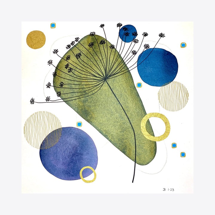 The artwork 'Saving Grace, Good Graces, Grace Note' features a delicate botanical illustration with a large sage-green dandelion seed head surrounded by celestial-like cobalt blue and golden circles. Watercolor and mixed media on wood panel create a whimsical, modern botanical composition with geometric elements. By Jocelyn Benford.