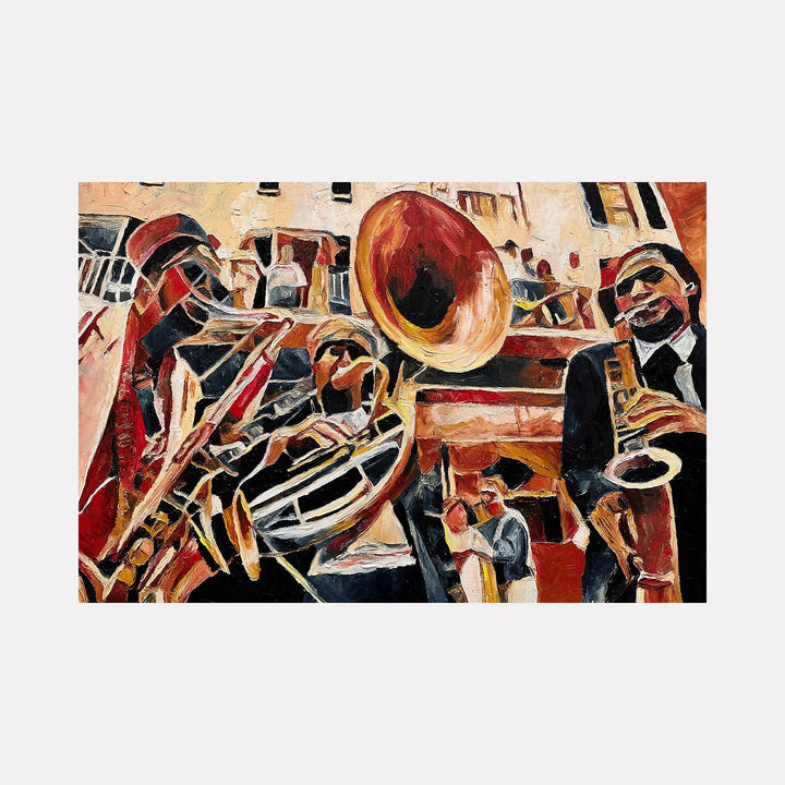 The artwork "Saxy Jazz" features an expressive oil painting of a lively jazz band playing saxophones and a tuba, rendered in warm earthy tones of red, brown, and beige with bold brushstrokes and textured layers that evoke the energetic atmosphere of a street performance. The piece measures 24 by 36 inches. By Lauren Luna.