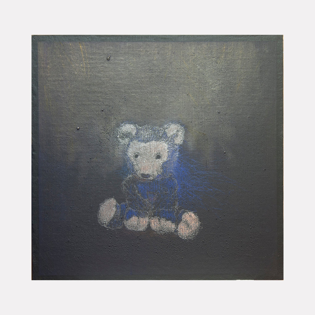 The artwork "All you can truly own is your shadow 3" by Ken Schiano depicts a faint, textured image of a teddy bear with muted blue, gray, and beige tones against a dark, almost black background. The piece combines abstract and figurative styles with visible brush strokes and a subdued color palette, evoking a sense of melancholy and mystery. Ken Schiano.