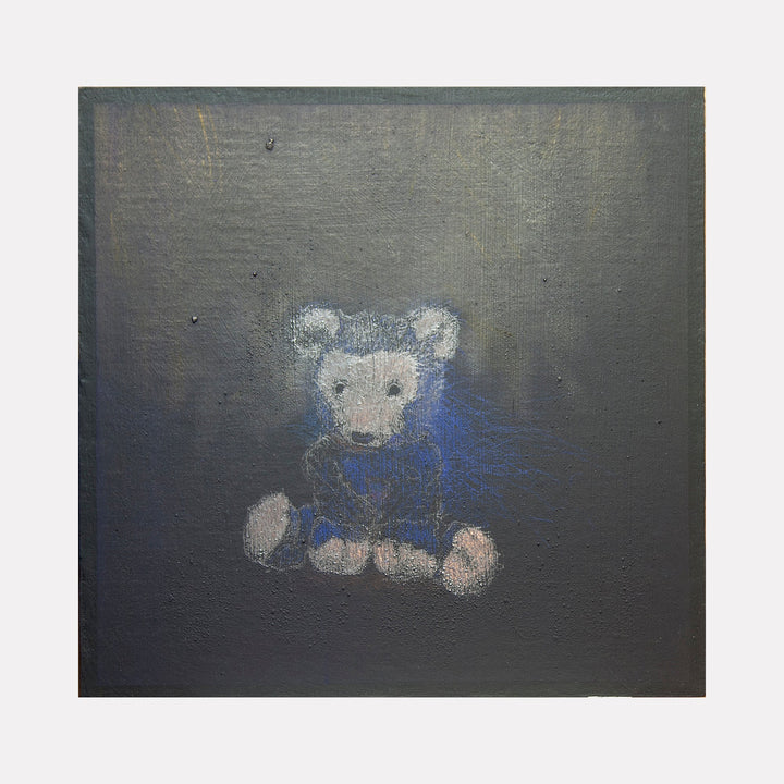 The artwork "All you can truly own is your shadow 3" by Ken Schiano depicts a faint, textured image of a teddy bear with muted blue, gray, and beige tones against a dark, almost black background. The piece combines abstract and figurative styles with visible brush strokes and a subdued color palette, evoking a sense of melancholy and mystery. Ken Schiano.