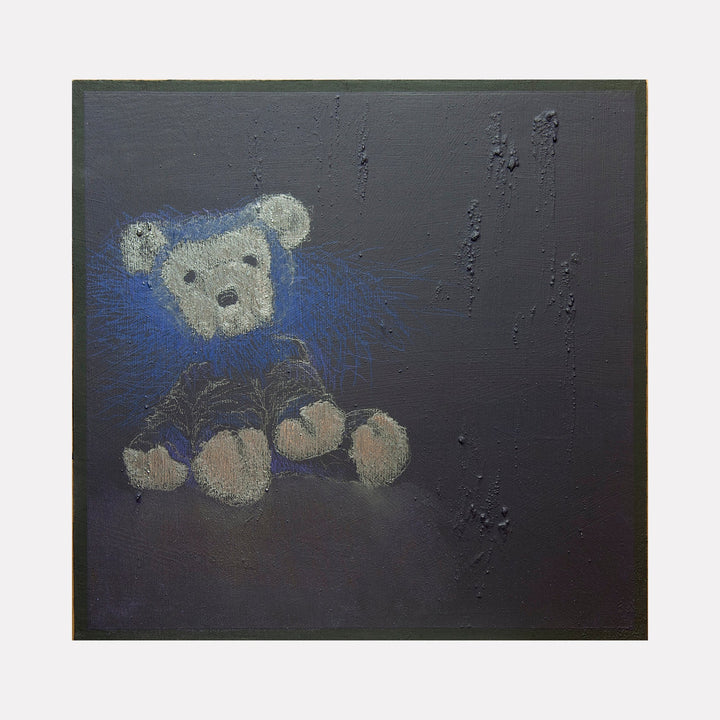 The artwork "All you can truly own is your shadow 4" by Ken Schiano features a textured dark background with a softly rendered teddy bear in muted beige and black tones, highlighted by a subtle blue aura or shadow effect surrounding the bear. The piece evokes a sense of quiet melancholy and introspection, blending abstract textures with figurative elements. Ken Schiano