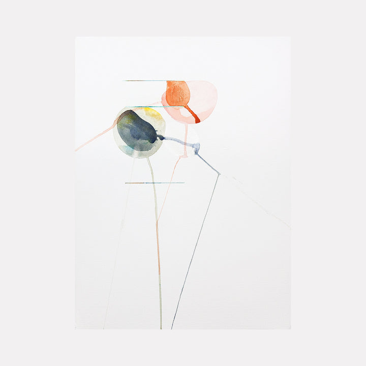 The artwork "Cryptid V" by Ken Schiano features abstract organic shapes with soft watercolor textures in muted tones of orange, green, and blue, connected by delicate, fine lines on a clean white background. The minimalist composition emphasizes fluidity and balance, highlighting the subtle interplay of color and form. Vendor: Ken Schiano.