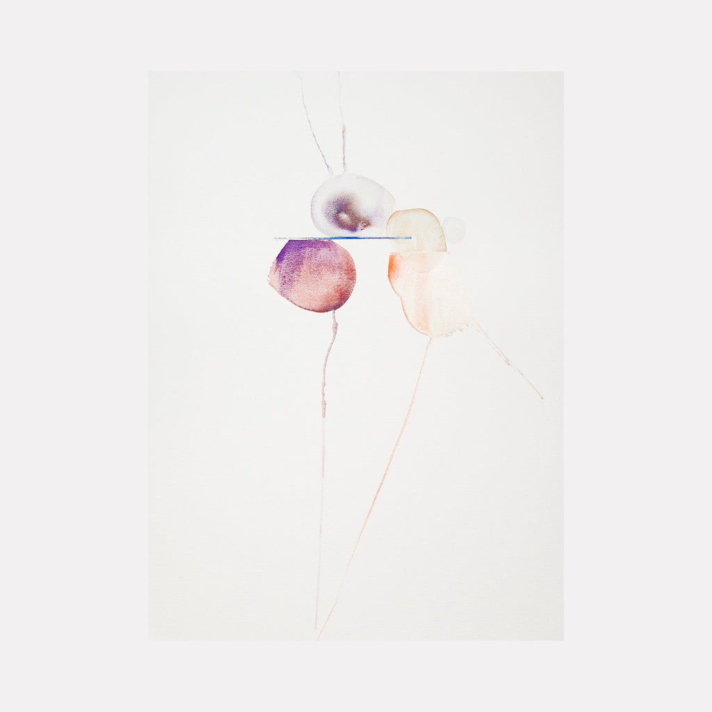 The artwork "Cryptid XI" features delicate abstract shapes in soft watercolor textures with muted tones of purple, peach, and beige, arranged on a minimalist white background. The composition highlights subtle gradients and organic forms with fine line details, creating an ethereal, modern aesthetic. By Ken Schiano.
