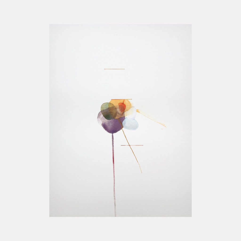 The artwork "Cryptid XVIII" by Ken Schiano features an abstract composition with overlapping translucent shapes in muted tones of purple, green, orange, and blue on a white background, accented by fine orange lines and delicate textures that evoke a sense of ethereal, organic movement. Ken Schiano