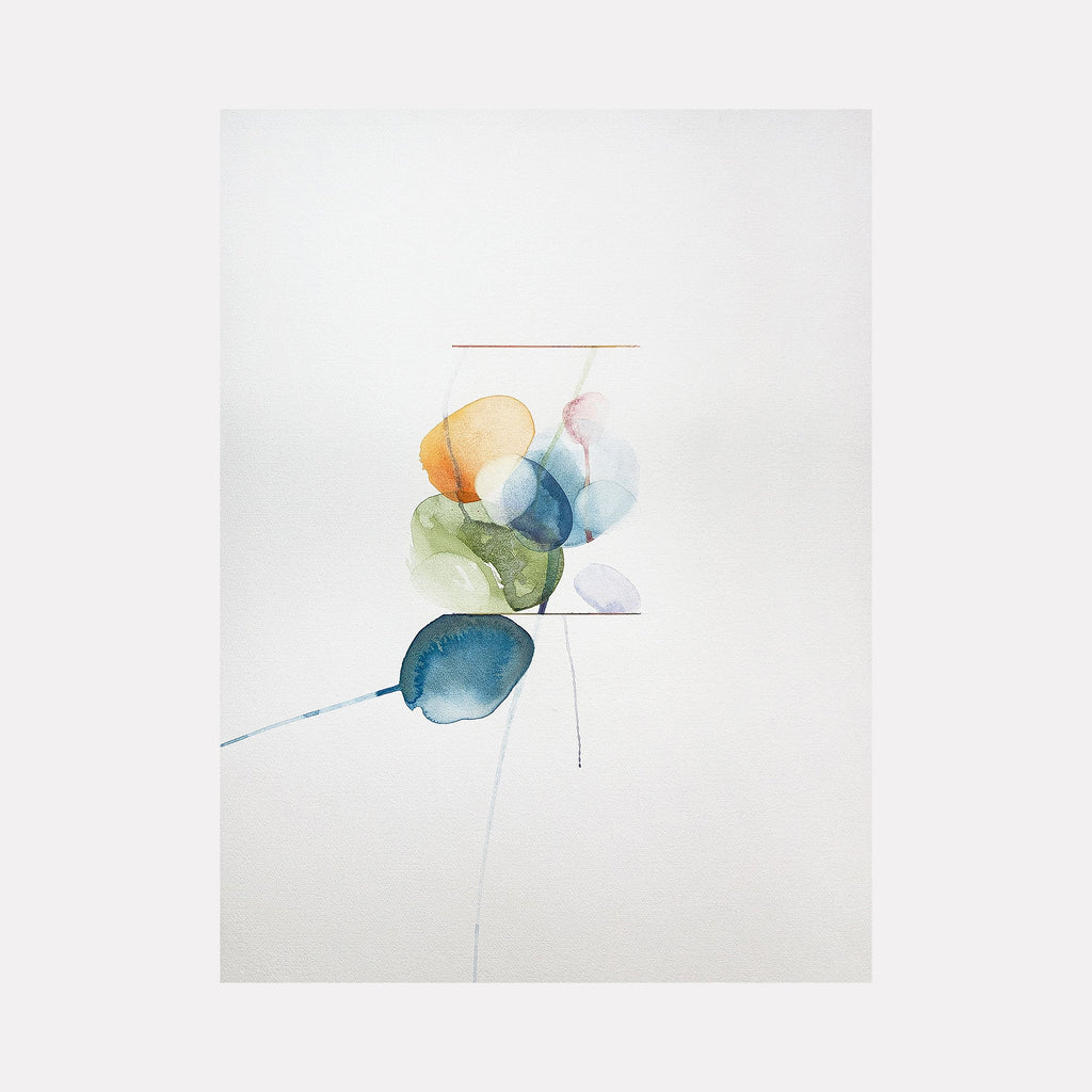 The artwork "Cryptid XVI" features delicate overlapping translucent shapes in muted tones of blue, green, orange, and purple arranged vertically on a white background with fine, minimal linear accents, creating a soft, ethereal texture and a sense of lightness, by Ken Schiano.