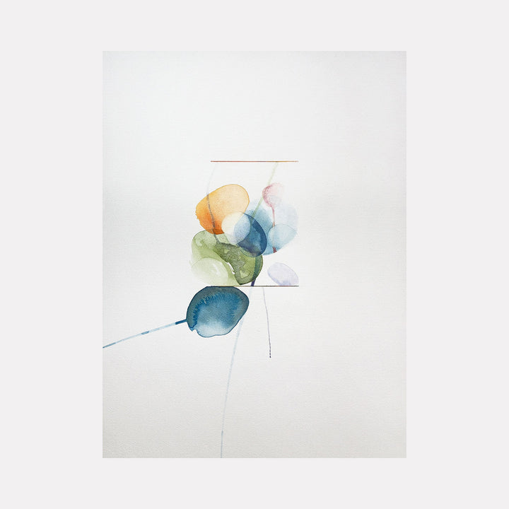 The artwork "Cryptid XVI" features delicate overlapping translucent shapes in muted tones of blue, green, orange, and purple arranged vertically on a white background with fine, minimal linear accents, creating a soft, ethereal texture and a sense of lightness, by Ken Schiano.