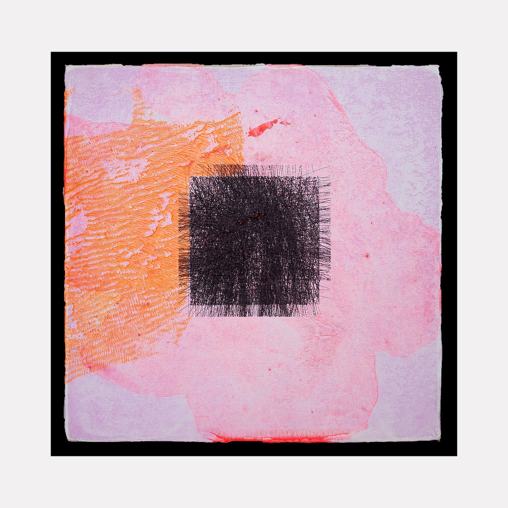 The artwork "Skin Flick 524-31" features a textured, abstract design with a soft pink background and an orange rectangular shape with horizontal ridges on the left side. At the center, a densely layered black square with fine, hair-like strokes creates contrast. The piece displays intricate textures and a minimalistic style by Ken Schiano.