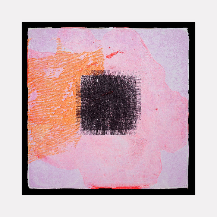 The artwork "Skin Flick 524-31" features a textured, abstract design with a soft pink background and an orange rectangular shape with horizontal ridges on the left side. At the center, a densely layered black square with fine, hair-like strokes creates contrast. The piece displays intricate textures and a minimalistic style by Ken Schiano.