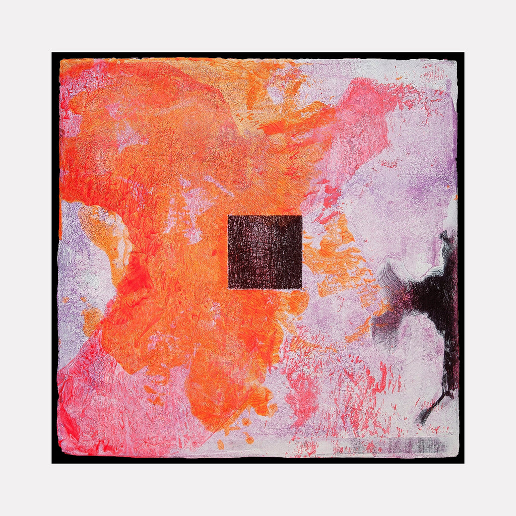 The artwork "Skin Flick 624-20" features a textured abstract composition with vibrant orange and red hues blending into softer pinks and purples, contrasted by a central dark square and a shadowy figure on the right. The piece exhibits a dynamic interplay of rough and smooth textures on a square canvas by Ken Schiano.