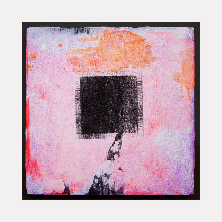 The artwork "Skin Flick 624-2" features a textured abstract composition with a dominant black square in the center, surrounded by soft pink, orange, and purple hues with layered brushstrokes and rough textures. This modern piece blends geometric and organic forms, emphasizing contrast and depth. By Ken Schiano.