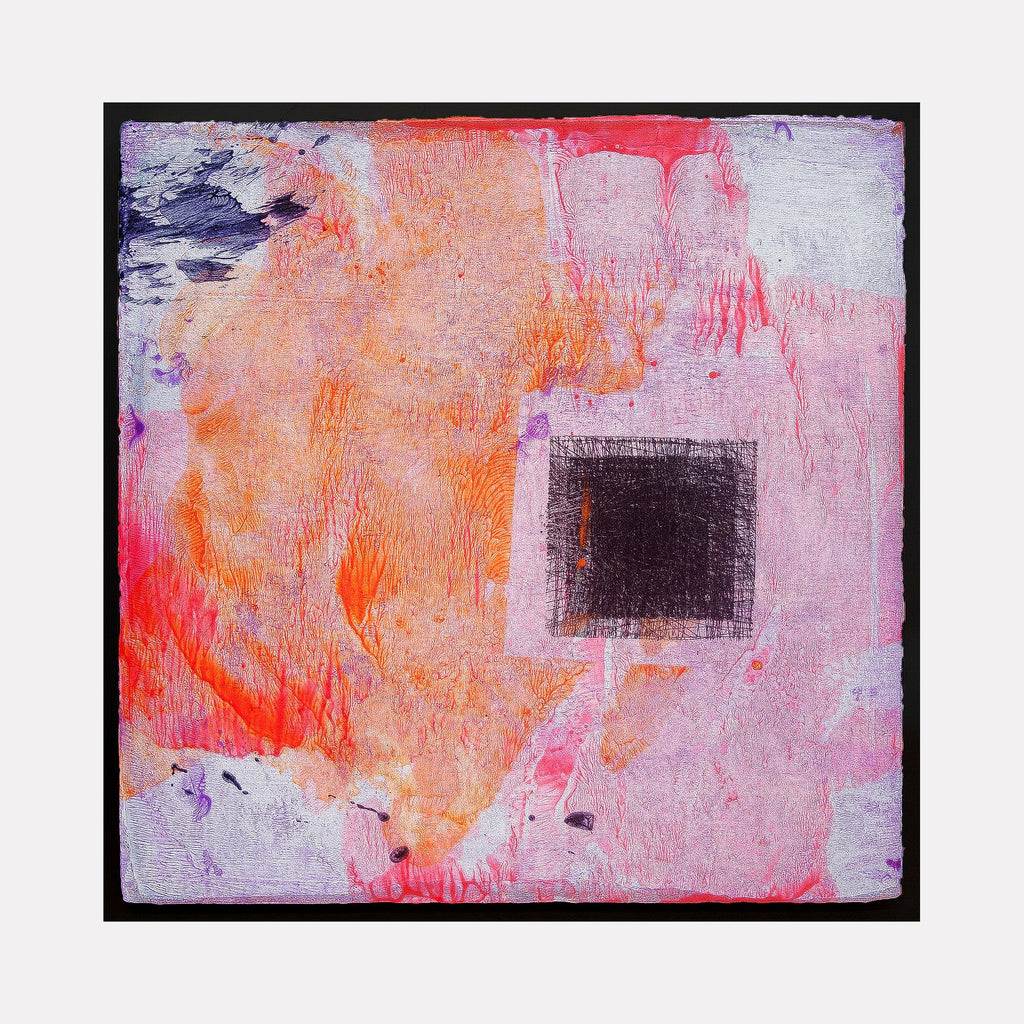 The artwork "Skin Flick 624-6" features an abstract composition with textured layers of orange, pink, and red hues blending across the canvas. A distinct dark square shape contrasts with the softer, organic brushstrokes, creating depth and visual interest. The piece showcases a mix of rough and smooth textures with an expressive style by Ken Schiano.