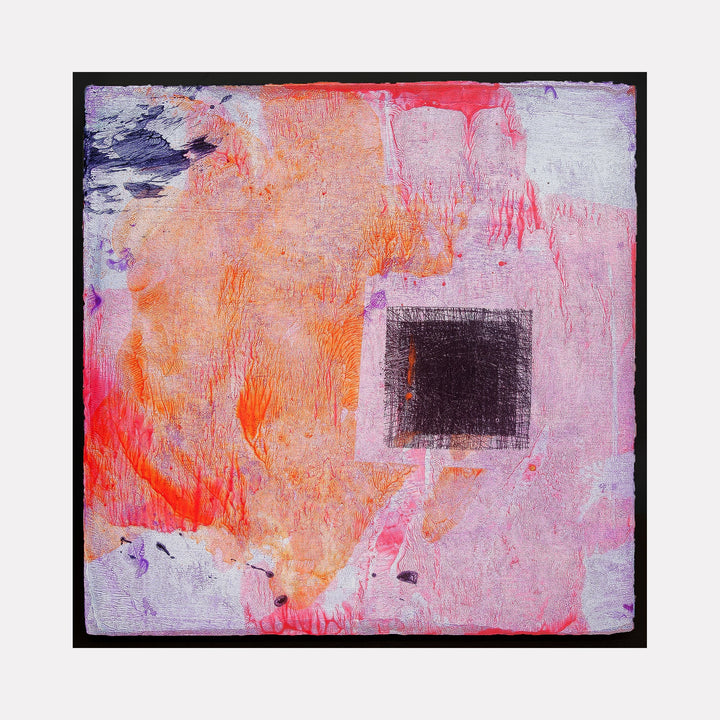 The artwork "Skin Flick 624-6" features an abstract composition with textured layers of orange, pink, and red hues blending across the canvas. A distinct dark square shape contrasts with the softer, organic brushstrokes, creating depth and visual interest. The piece showcases a mix of rough and smooth textures with an expressive style by Ken Schiano.