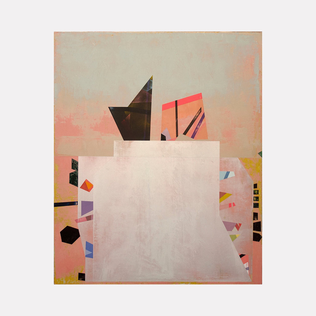 The artwork "History of Art in Dyssynchronous Order: fig n" by Ken Schiano features an abstract composition with geometric shapes including triangles, rectangles, and polygons in muted tones of pink, beige, black, and subtle hints of purple and red. The texture appears smooth with layered blocks and intersecting lines creating depth and contrast.