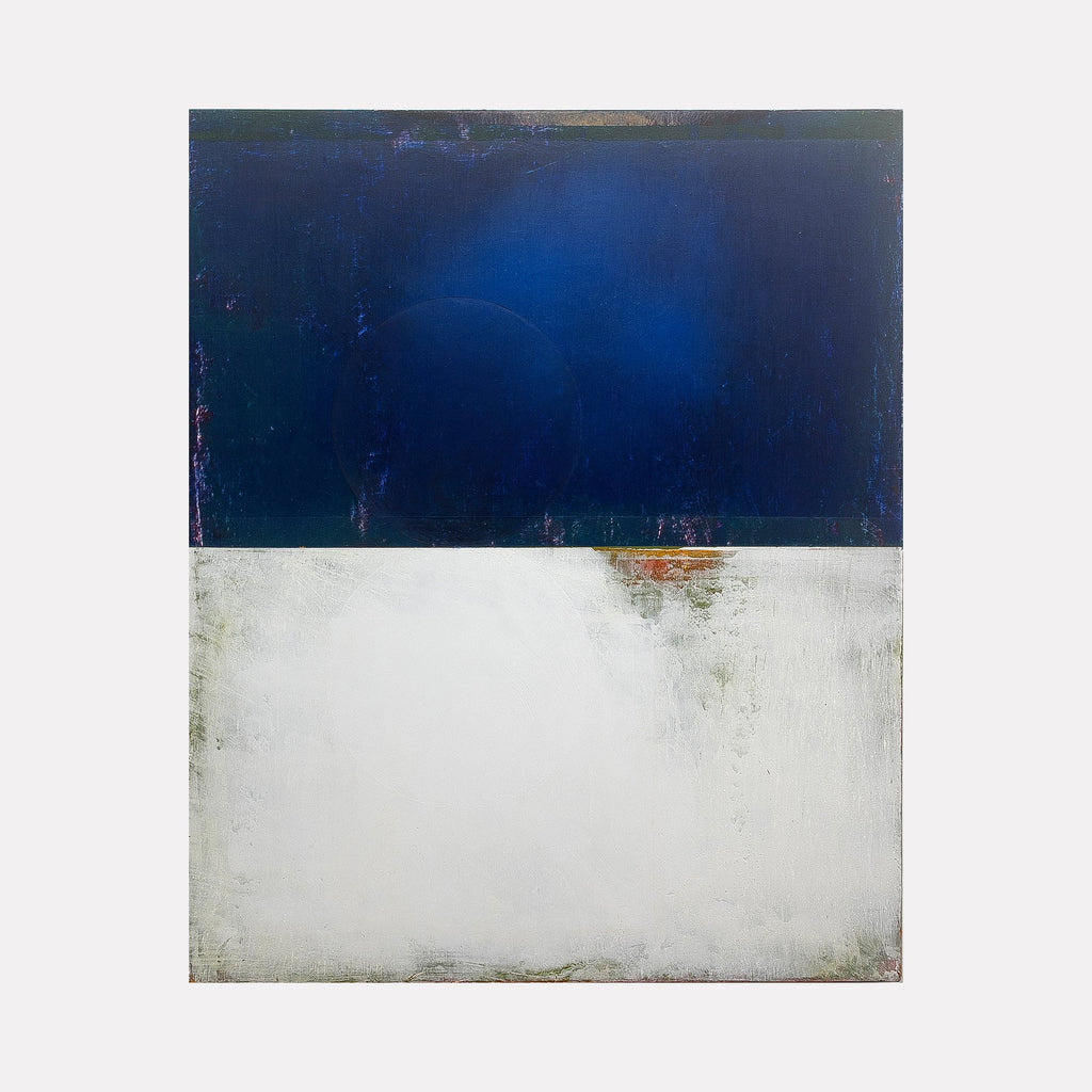 The artwork "History of Art in Dyssynchronous Order: fig u" features a minimalist composition divided horizontally with a deep, textured blue upper half and a muted, distressed white lower half, evoking abstract expressionism through its subtle color gradients and rough surface details. By Ken Schiano.