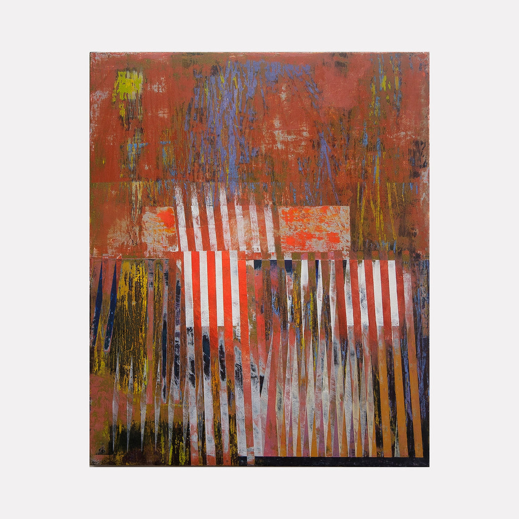 The artwork "History of Art in Dyssynchronous Order: fig v" features an abstract composition with layered vertical stripes in red, white, yellow, and blue against a textured reddish-brown background, incorporating distressed and weathered textures with painterly brushstrokes. By Ken Schiano.