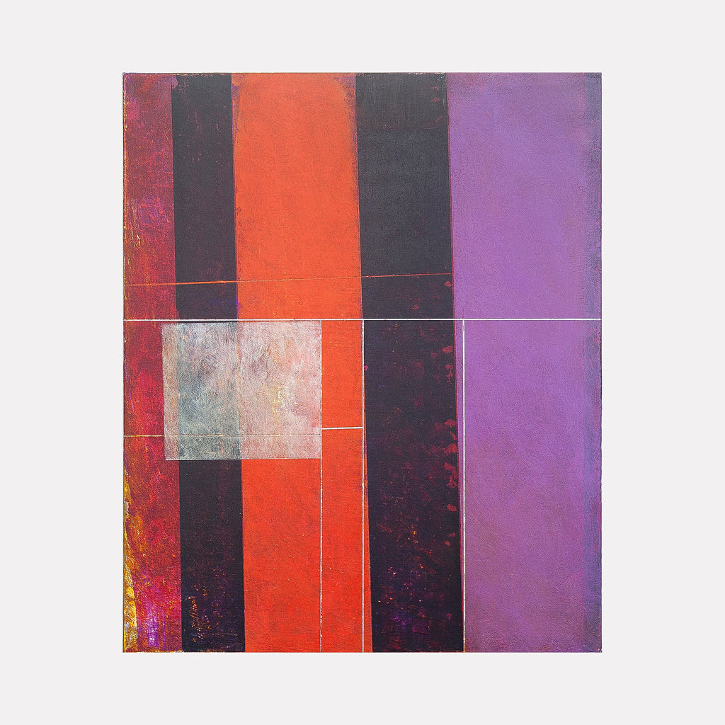 The artwork "History of Art in Dyssynchronous Order: fig y" features vertical bands in deep red, black, and purple hues with a textured gray square overlaying part of the composition. Thin white lines intersect the shapes, adding contrast and geometric structure. This abstract piece emphasizes color contrast and layered textures. Ken Schiano.