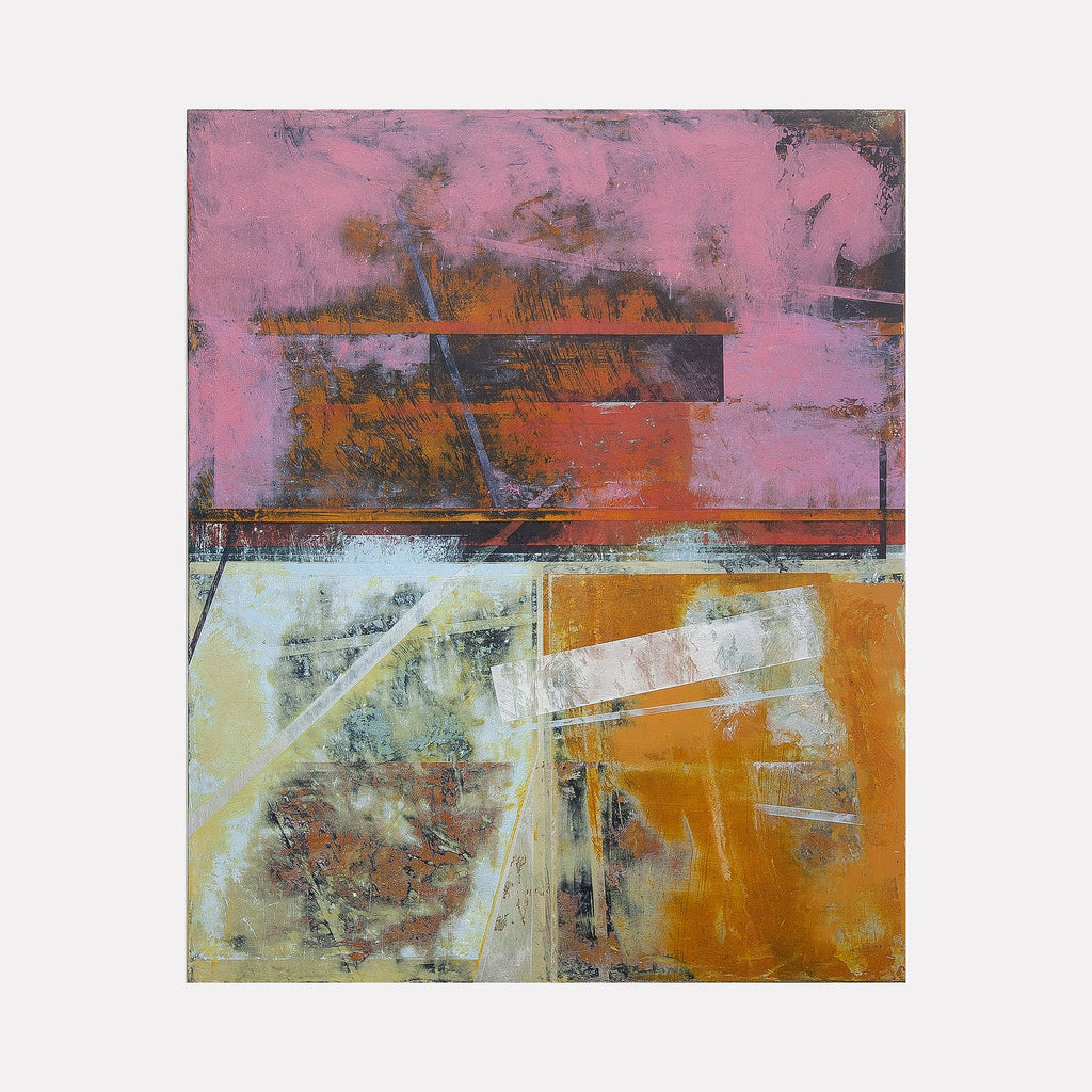 The artwork "History of Art in Dyssynchronous Order: fig z" features an abstract composition with layered geometric shapes and textured surfaces in muted tones of pink, orange, yellow, and gray. The painting combines rough, distressed textures with smooth areas, creating dynamic visual contrast. Artwork by Ken Schiano.
