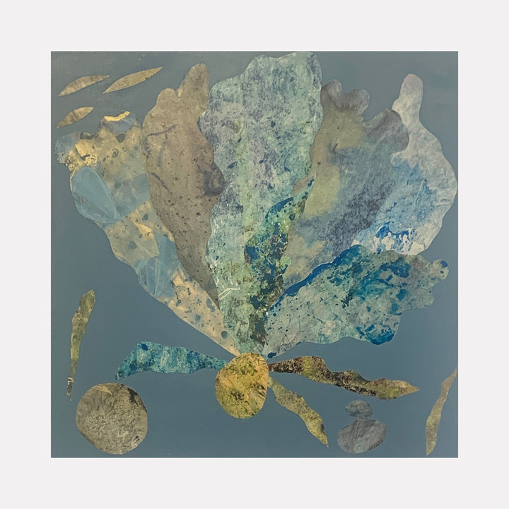 The artwork 'Sea Fan 10' by Sunny Chapman features an abstract marine-inspired composition with translucent fan-shaped forms in aqua blues, misty grays, and metallic gold accents. The textured collage elements blend alchemic prints on a gray background, creating a ethereal underwater atmosphere on a 12x12 wood panel.