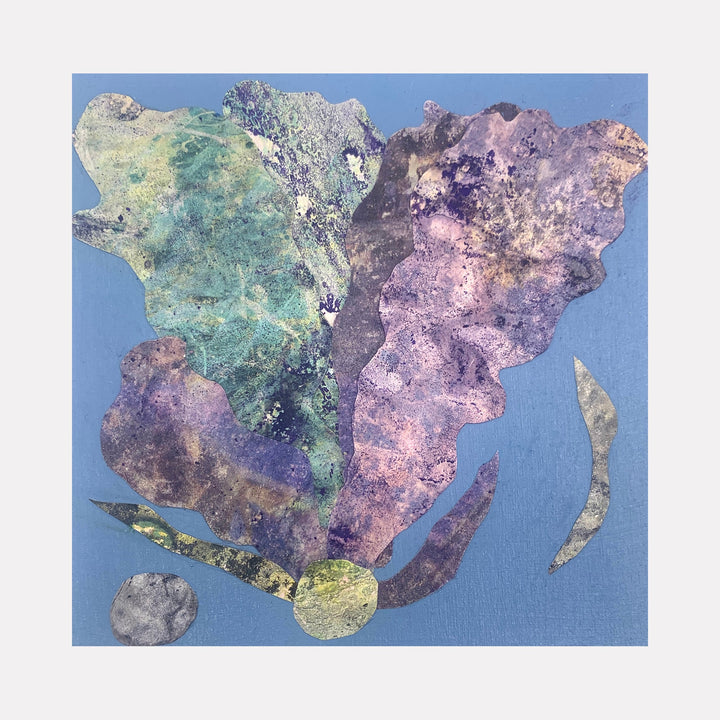 The artwork 'Sea Fan 1' by Sunny Chapman features an abstract marine-inspired collage on a blue background. The central form resembles a coral sea fan with ethereal textures in turquoise, lavender, and soft pink hues. Alchemic prints create a textured, crystalline effect, complemented by smaller organic shapes in muted gold and silver tones on a cradled wood panel. Art by Sunny Chapman.