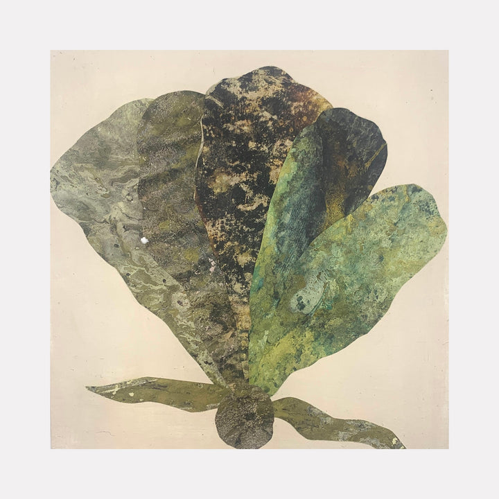 Sea Fan 3 by Sunny Chapman features a fan-shaped aquatic form in muted greens and grays, created through acrylic and collaged alchemic prints. The textured composition on wood panel evokes organic coral patterns with weathered, earthy tones blending into seafoam hues, capturing the natural elegance of marine life.
