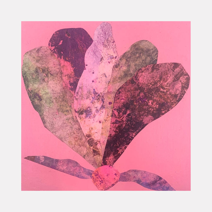 The artwork 'Sea Fan 5' by Sunny Chapman features an organic fan-shaped form in muted burgundy, mauve, and earth tones against a vibrant pink background. Created with acrylic and alchemic print collage on wood, the textured piece resembles a marine coral fan with overlapping, translucent petal-like segments radiating from a central point.