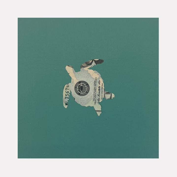 The artwork "Sea Turtle Spirit Messenger" by Jacki Davis features a minimalist sea turtle shape cut out of vintage paper with textured print and numbers, set against a solid teal background. The design blends natural marine imagery with a collage-like artistic style, emphasizing simplicity and earthy tones. Jacki Davis.