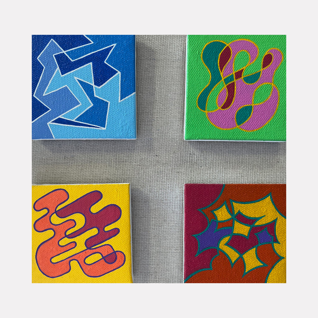 The artwork 'Seasonal Phenomena III' features four vibrant abstract squares arranged in a grid, each with distinct flowing patterns. Top left shows geometric blue shapes, top right displays intertwining curves in green and pink, bottom left presents organic forms in orange and yellow, and bottom right combines angular shapes in burgundy and purple. Acrylic on canvas by Joe Piscopia.
