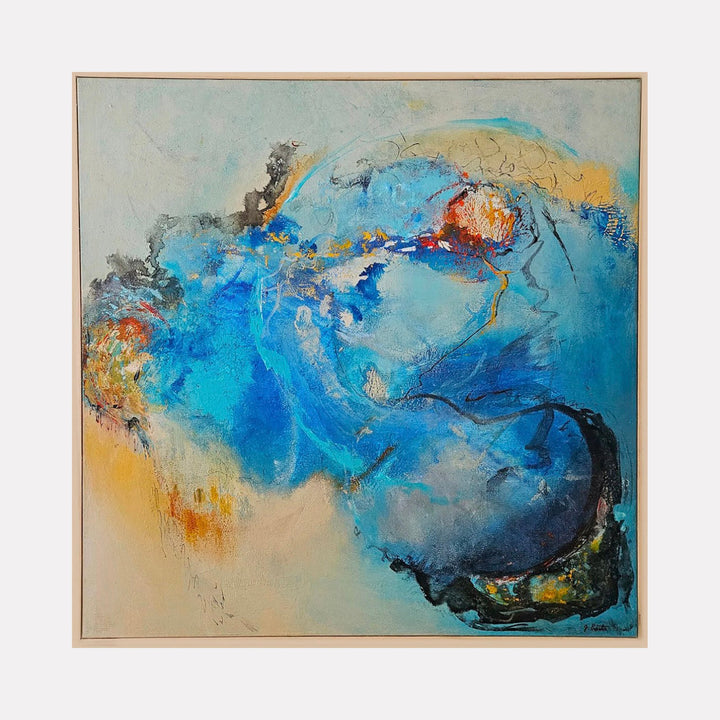 The artwork "Secrets" by Janyce Erlich-Moss features an abstract composition dominated by swirling shades of blue, accented with touches of orange, yellow, and black. The textured layers and fluid forms evoke the expressive style of Wassily Kandinsky and Helen Frankenthaler, blending dynamic movement with soft, atmospheric depth.