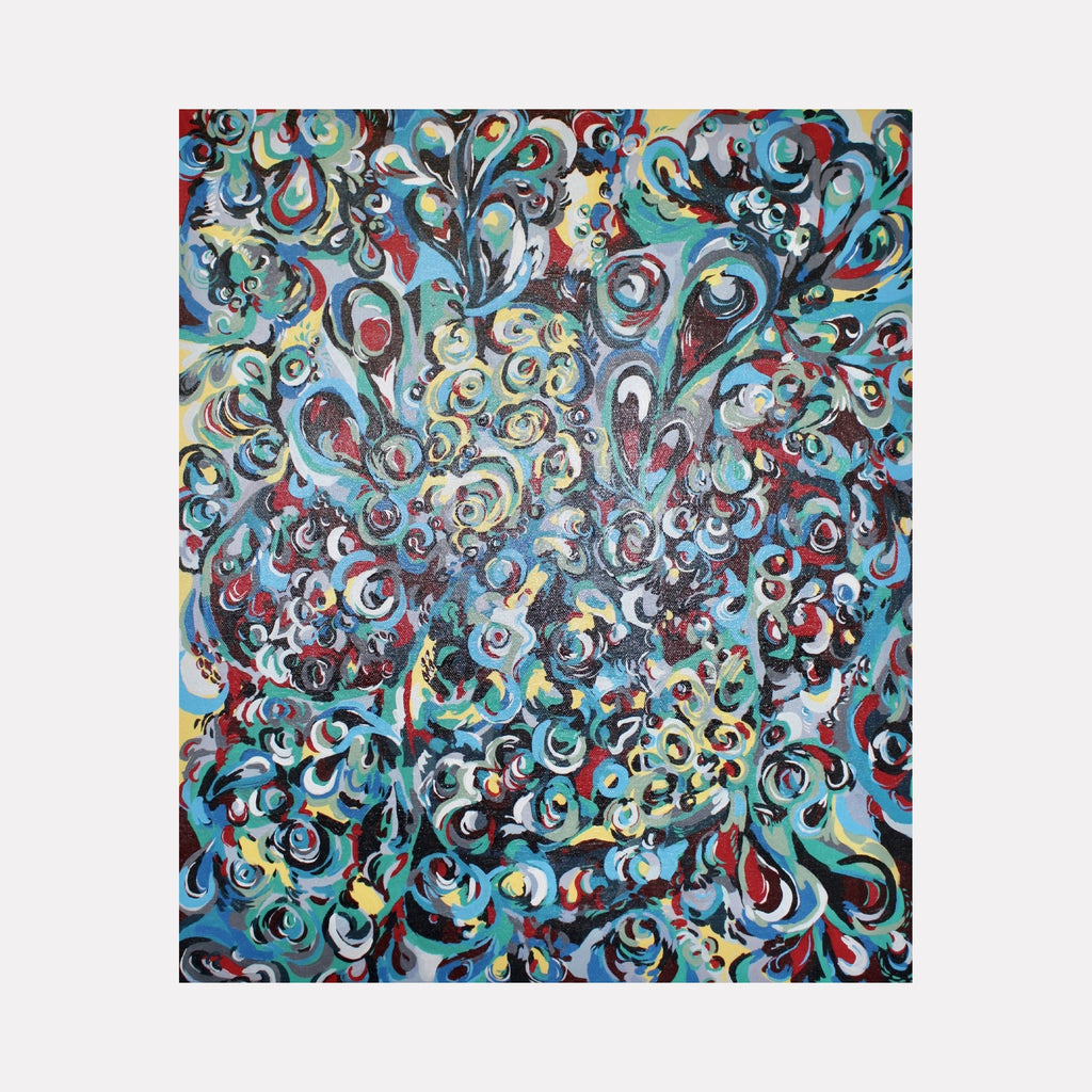 The artwork "Seedlings" features an intricate array of swirling shapes and organic forms in shades of blue, red, yellow, and white, creating a dynamic, textured pattern that evokes growth and natural energy. The painting showcases abstract botanical elements with layered brushstrokes and vibrant color contrasts. By Kaitlin Andrews.