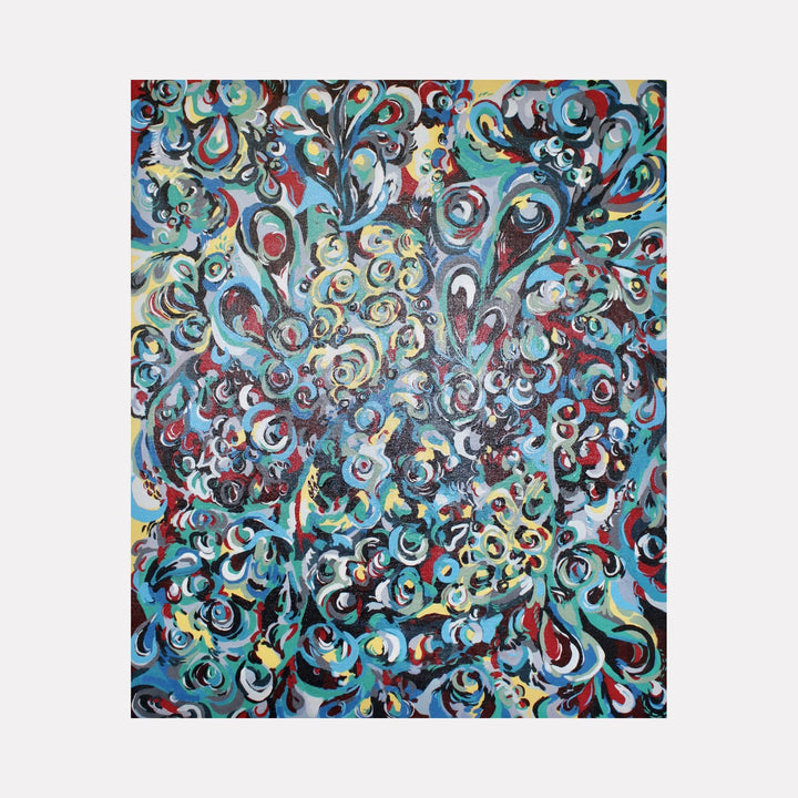 The artwork "Seedlings" features an intricate array of swirling shapes and organic forms in shades of blue, red, yellow, and white, creating a dynamic, textured pattern that evokes growth and natural energy. The painting showcases abstract botanical elements with layered brushstrokes and vibrant color contrasts. By Kaitlin Andrews.