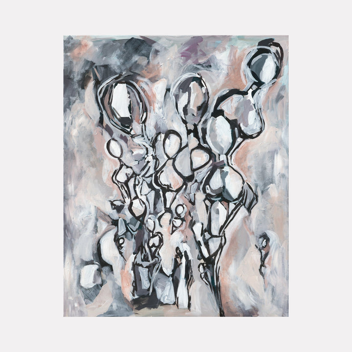 The artwork "Self Portrait" features abstract human-like figures rendered in muted tones of gray, black, white, and hints of soft peach. The textured brushstrokes and flowing shapes create a sense of movement and depth, blending organic and geometric forms. The painting incorporates a smoky, layered background enhancing its introspective mood. By Kaitlin Andrews.